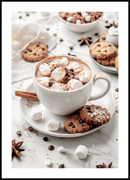 a cup of hot chocolate with marshmallows on a saucer