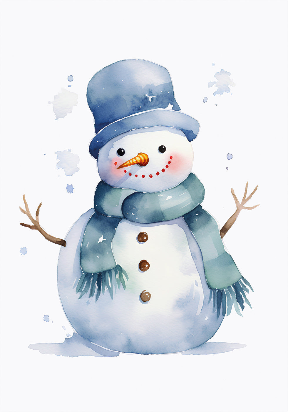 a watercolor painting of a snowman wearing a blue hat and scarf