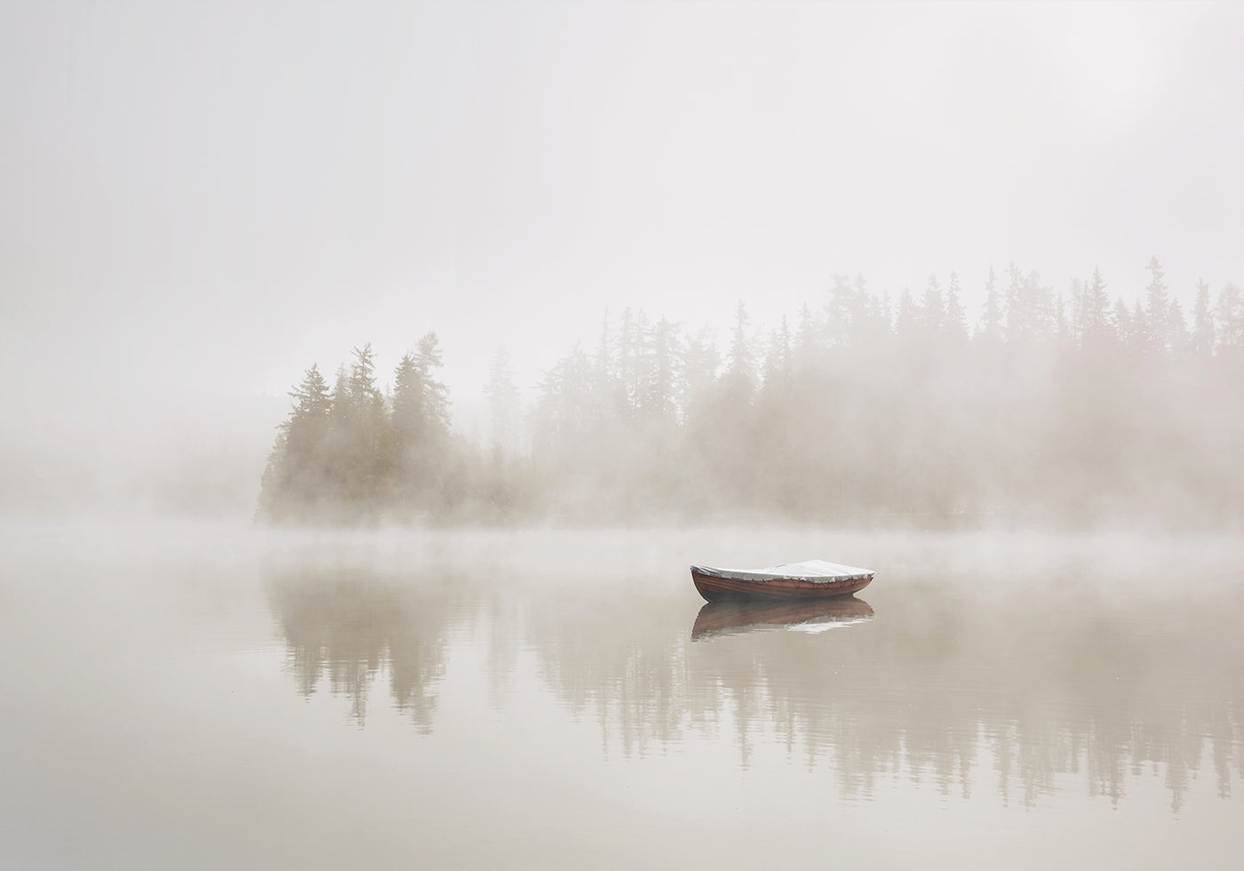 Solitary Boat on a Foggy Lake Poster