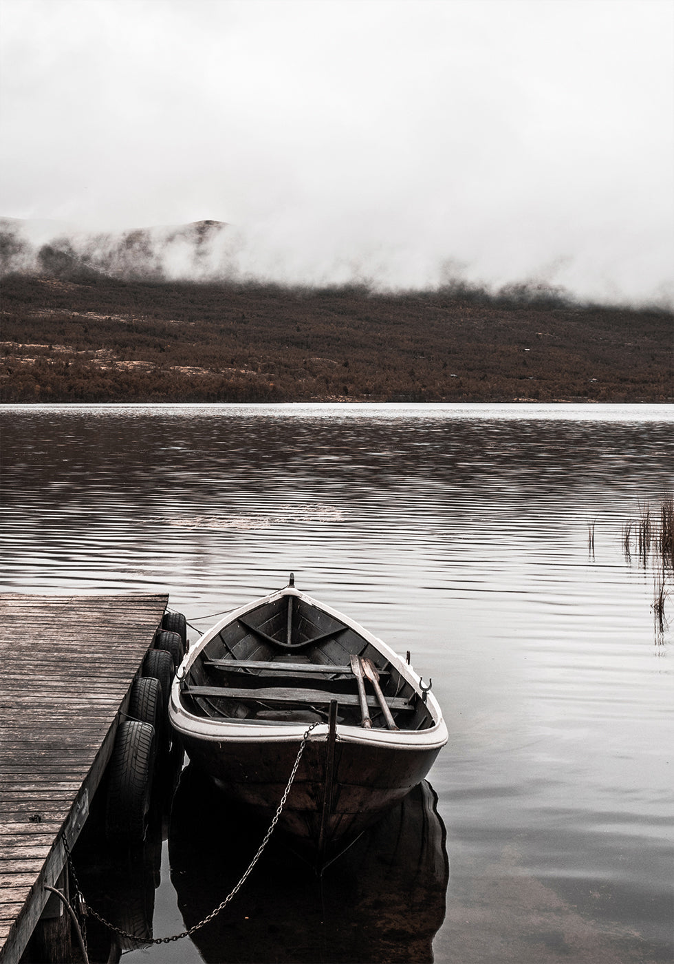 Boat In A Lake Near The Mountains Poster