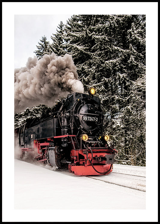 Steam Train in Snowy Forest Poster