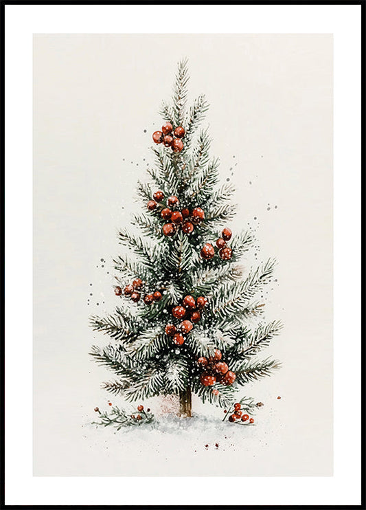 Watercolor Christmas Tree with Red Berries Poster