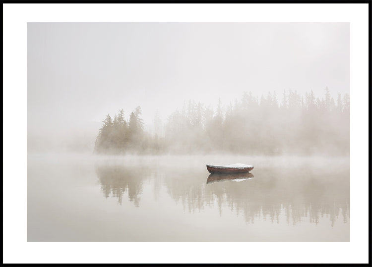 Solitary Boat on a Foggy Lake Poster