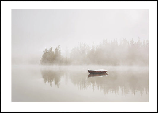 Solitary Boat on a Foggy Lake Poster