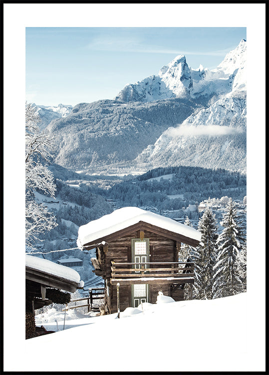 Quaint Snowy Cabin in Alpine Landscape Poster