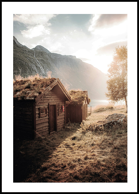 Rustic Houses at Sunset by Lovatnet Lake Poster