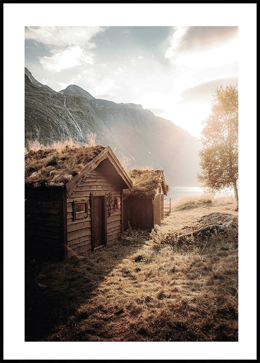 Rustic Houses at Sunset by Lovatnet Lake Poster