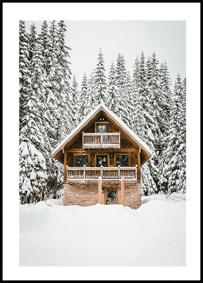 Cozy Wooden Cabin in Snowy Mountains Poster