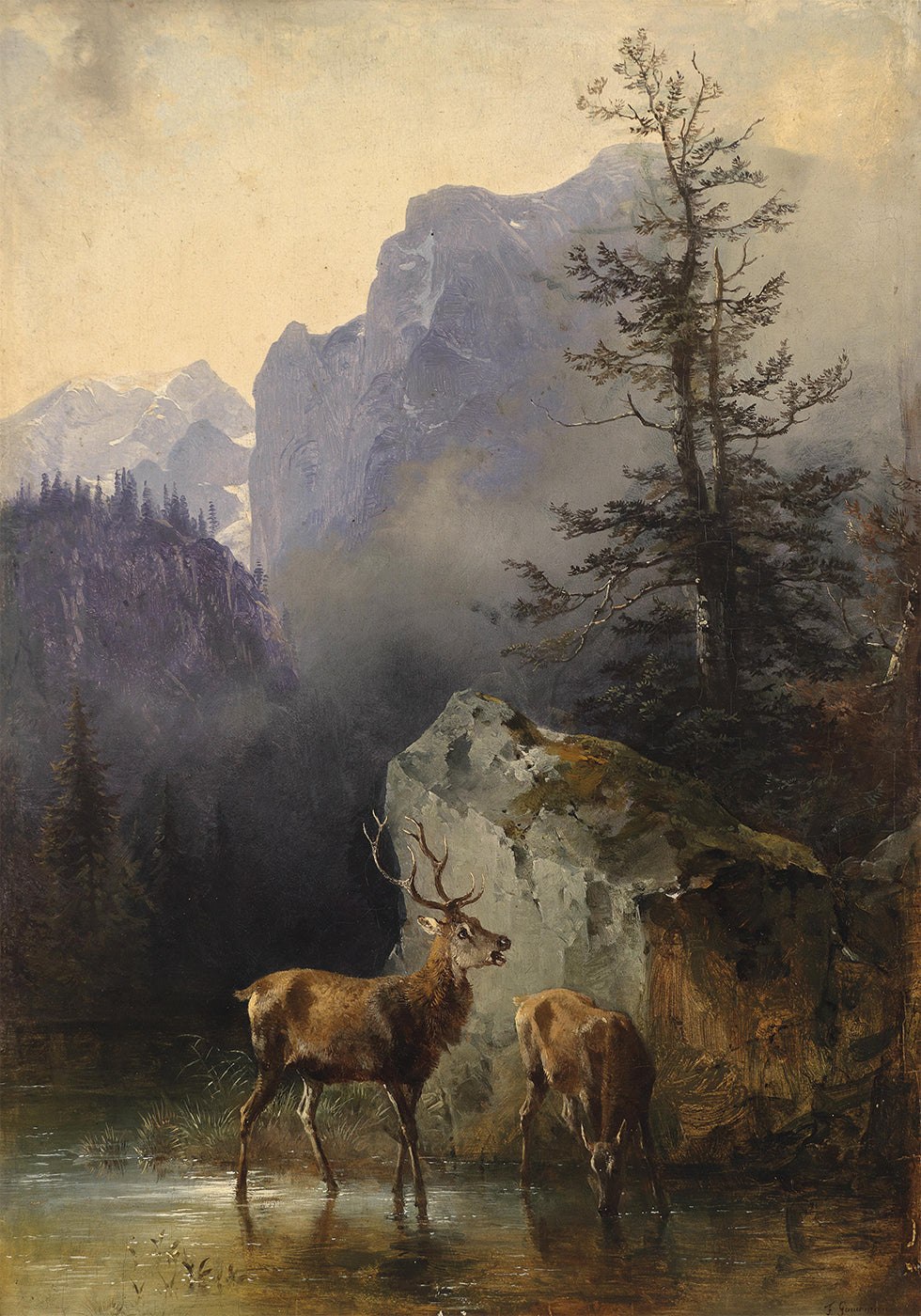 Deer at a Mountain Stream Poster