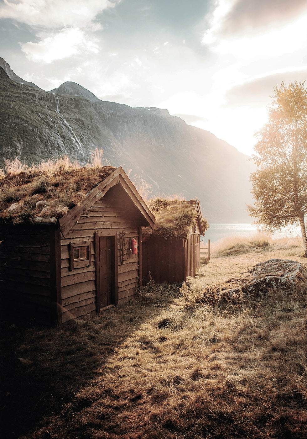 Rustic Houses at Sunset by Lovatnet Lake Poster