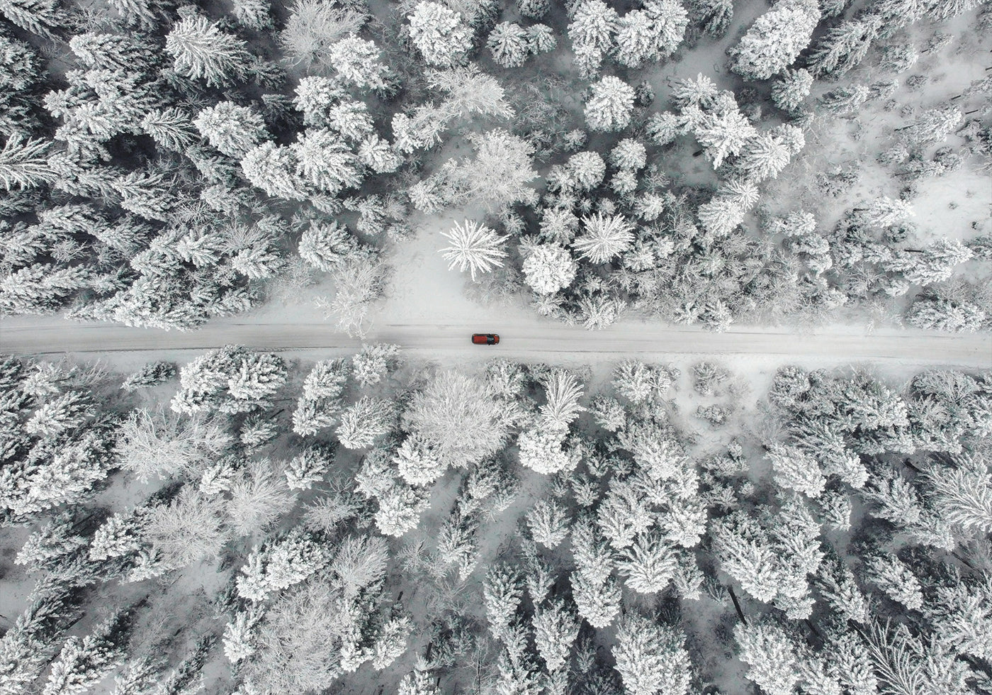 Red Car Driving Through Snowy Forest