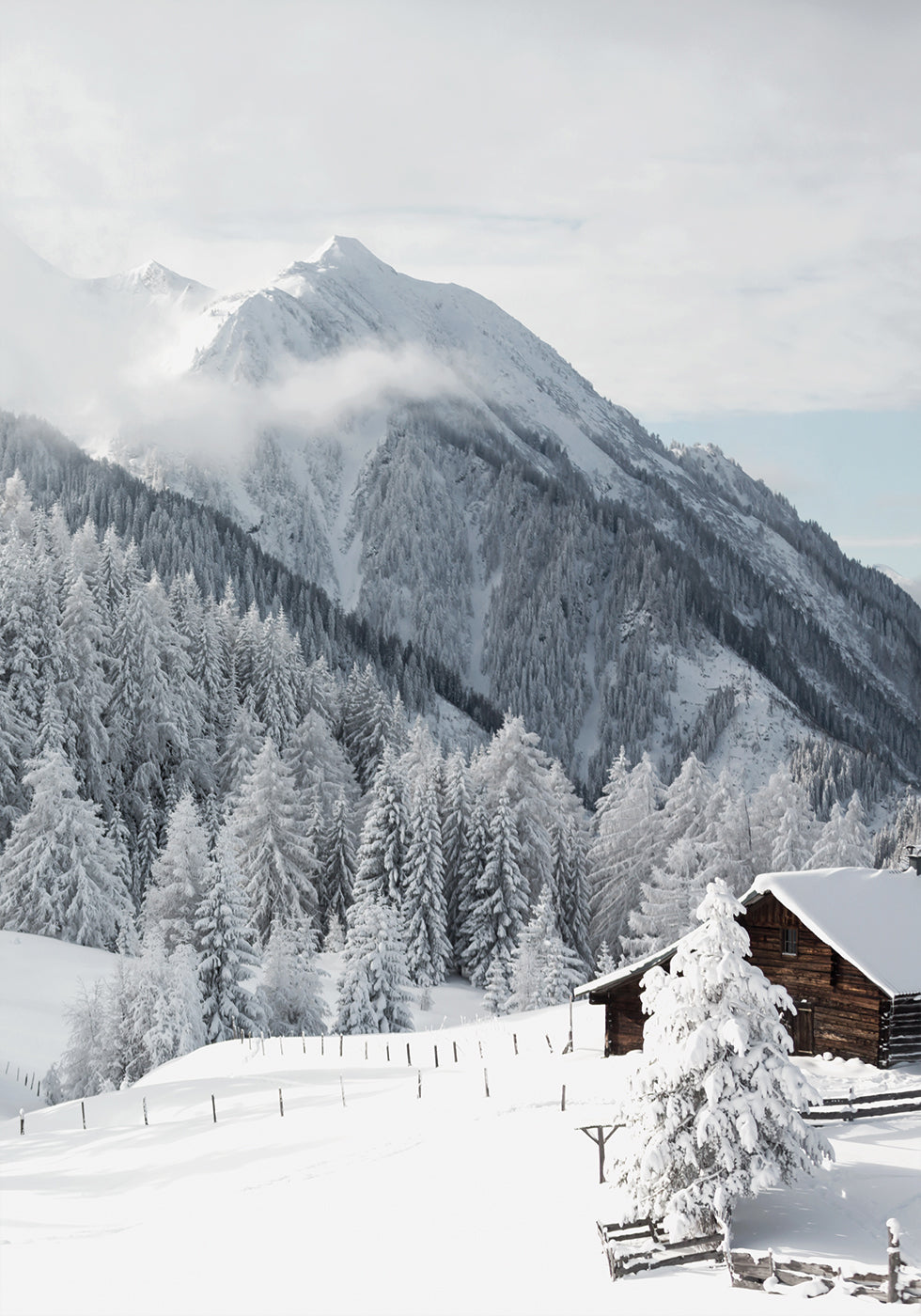 Snow-Covered Cabin in the Alps Poster