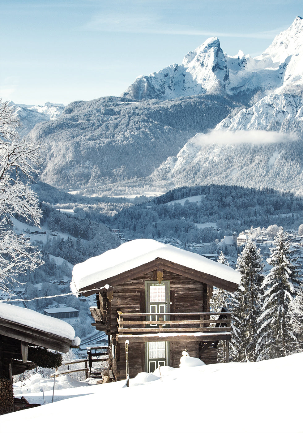 Quaint Snowy Cabin in Alpine Landscape Poster