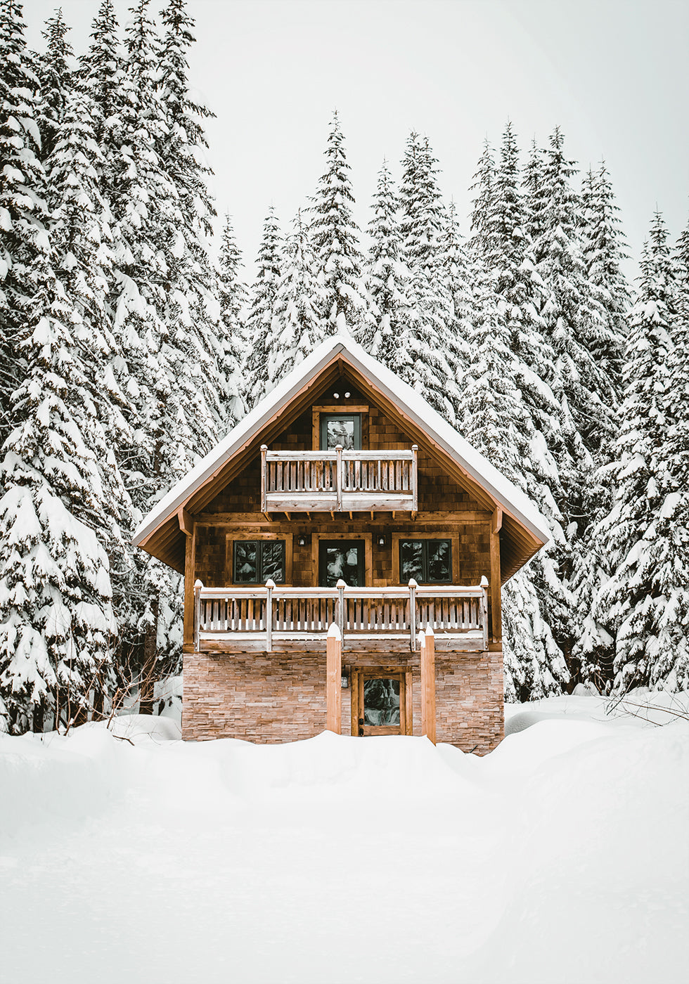 Cozy Wooden Cabin in Snowy Mountains Poster