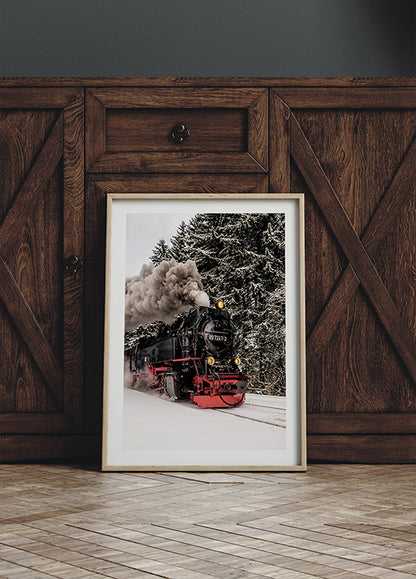 Steam Train in Snowy Forest Poster