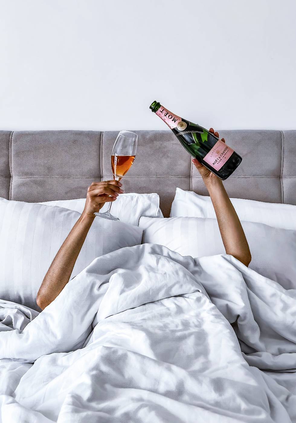 Woman Champagne in Bed Poster