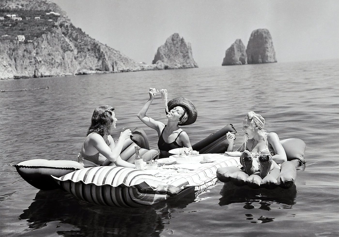 Women Eating Pasta on Lake Poster