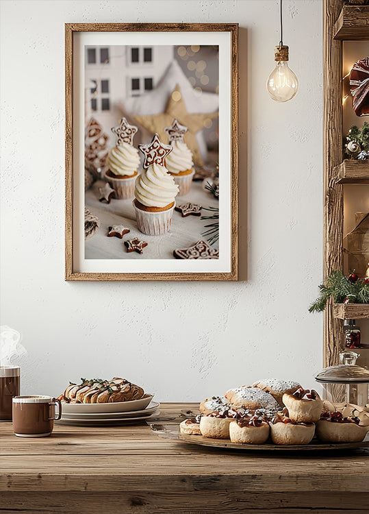 a wooden table topped with lots of cupcakes