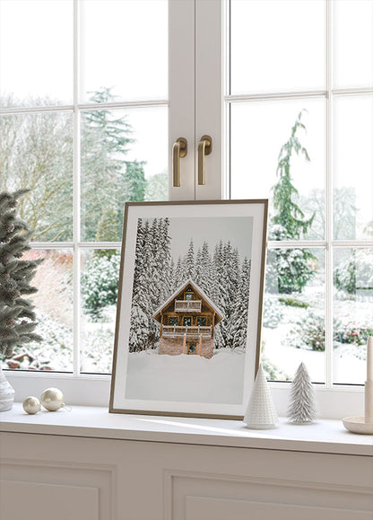 Cozy Wooden Cabin in Snowy Mountains Poster