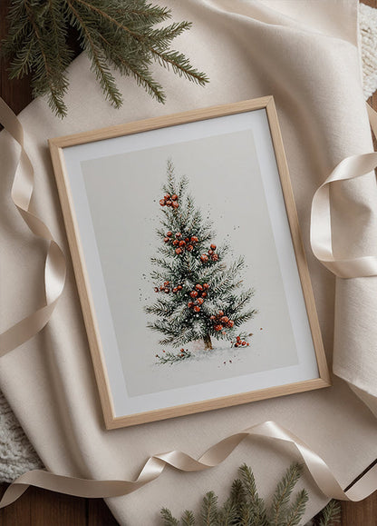 Watercolor Christmas Tree with Red Berries Poster